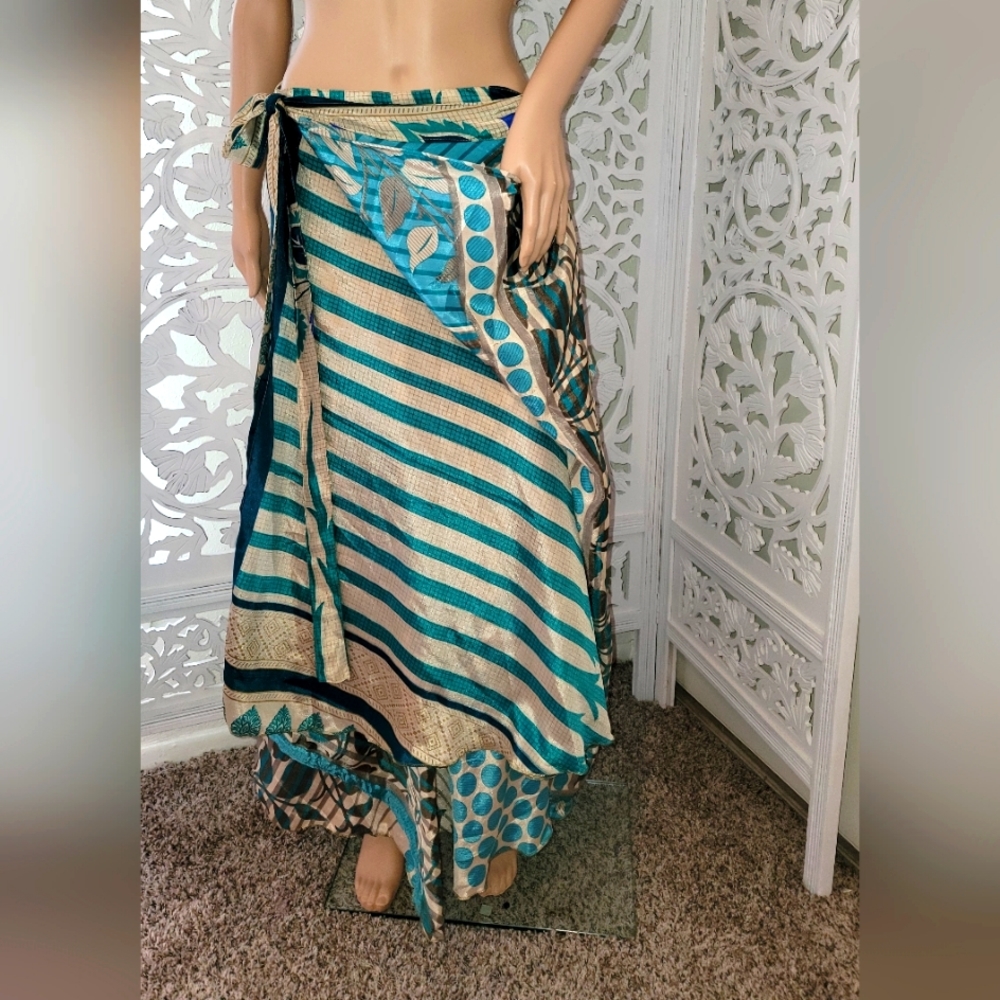 Exotic Silk Turquoise Print Boho Wrap Maxi Skirt